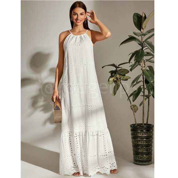 Eyelet White Halter Neck Maxi Dress A-Line Flowy Long Sleeveless - Picture 4 of 6
